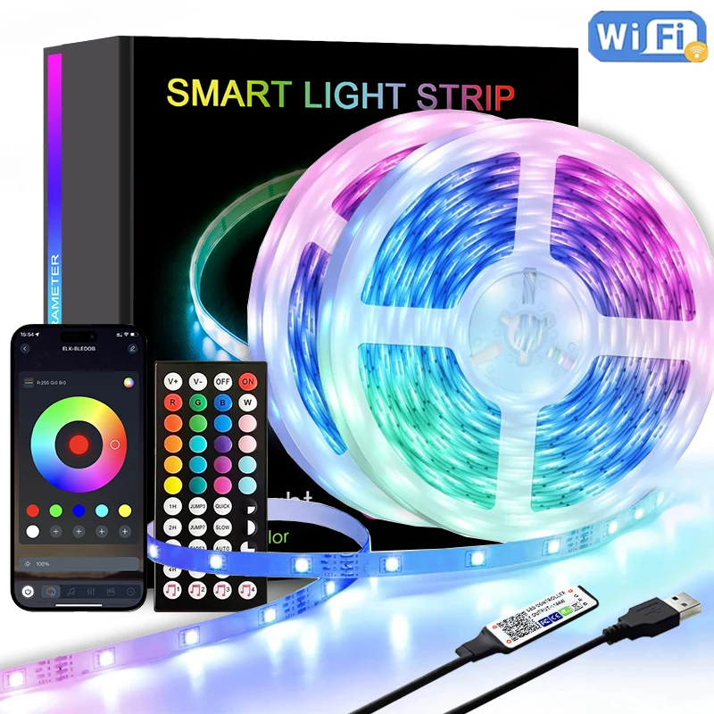 Tira de luces Led RGB con retroiluminación de TV de 5M-30M y 5V con control remoto de 44 teclas y sincronización de música por aplicación, cambio de color adecuado para fiestas