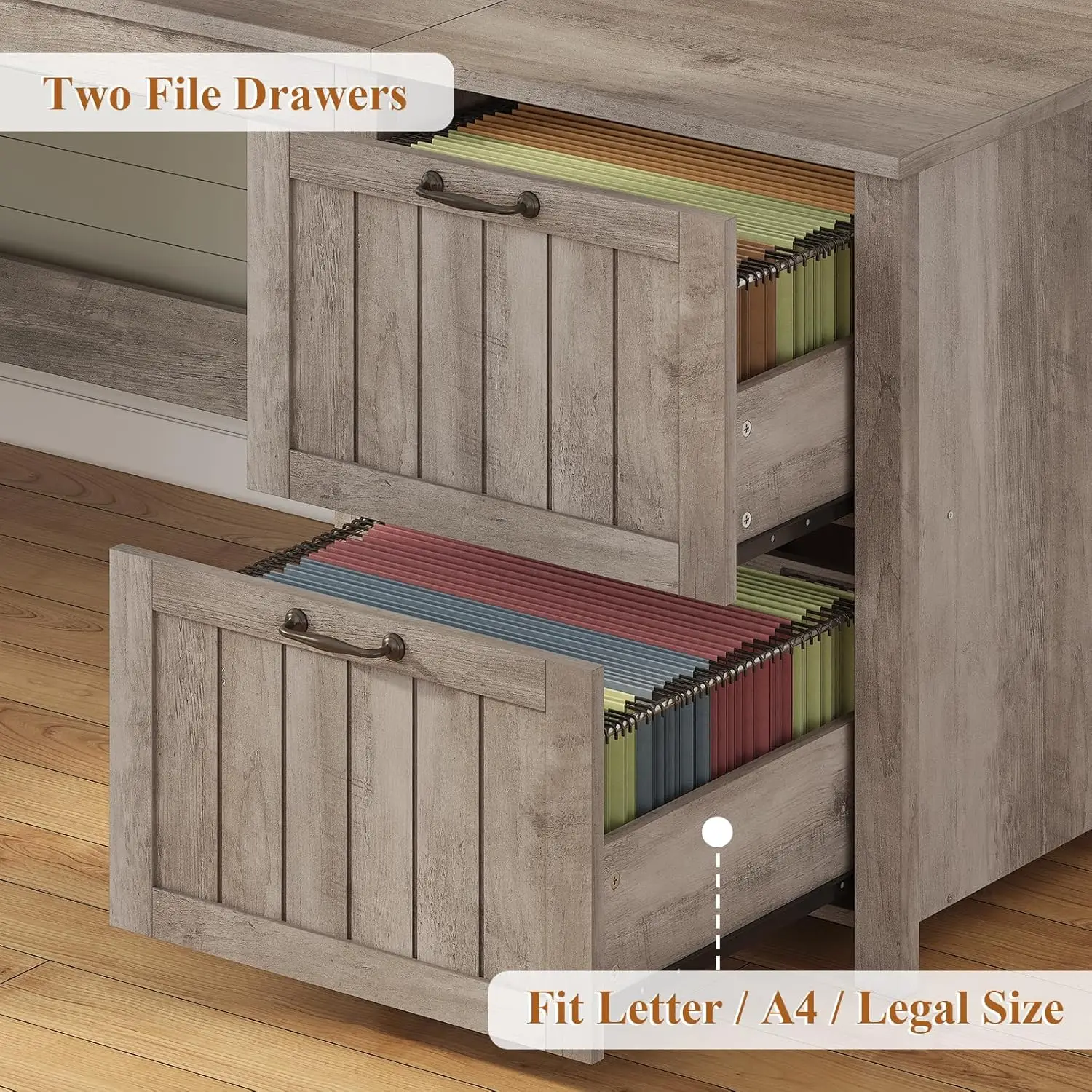 "Farmhouse 63” Executive Desk, Wooden Computer Desk with Drawers & Storage – Includes File Cabinet for Home Office Organizatio