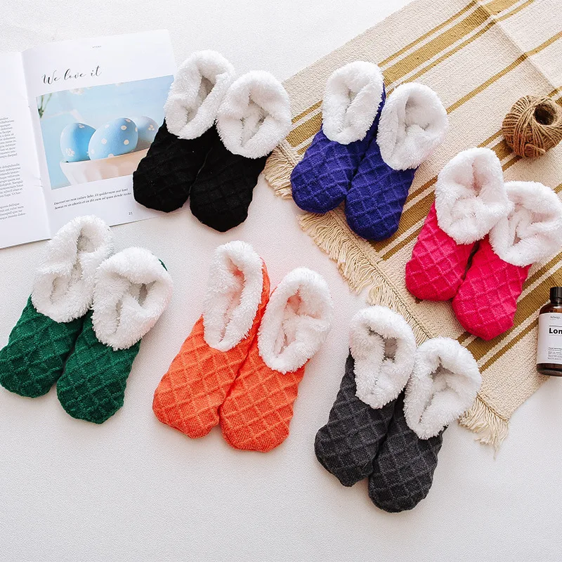 Clearance_Calcetines gruesos cálidos de invierno para mujer, antideslizantes, alfombra para el suelo del hogar, calcetines peludos, lana de cordero, terciopelo, colores sólidos, calcetines para dormir en interiores