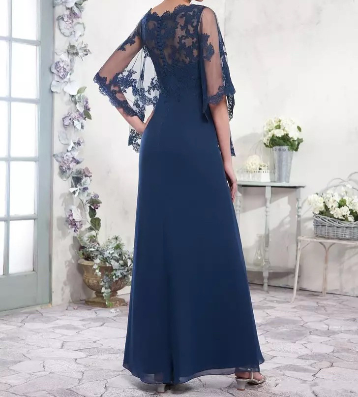 Robe mère de la mariée en mousseline de soie, bleu marine, col rond, cape trapèze, demi-manches, appliques en dentelle, soirée formelle de mariage, quelle que soit la nouvelle