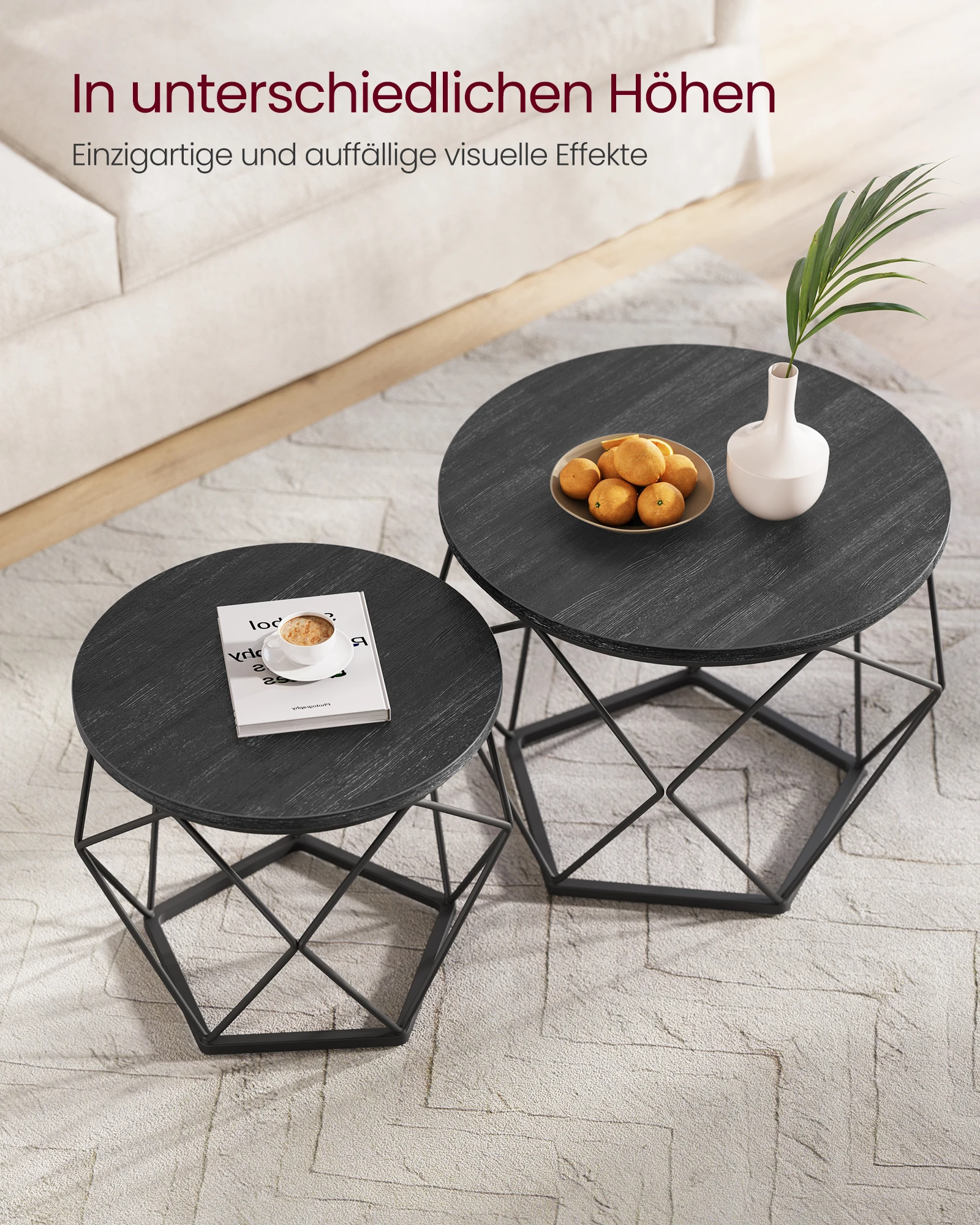 VASAGLE Couchtisch rund, 2er Set, Wohnzimmertisch, Beistelltisch, modern, abnehmbare Tischplatte, für Wohnzimmer