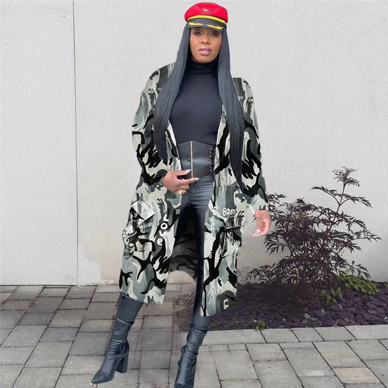 Camouflage Graben Jacke Frauen 2020 Plus Größe Kleidung Brief Druck Mantel Streetwear Lange Stil Crop Top Großhandel Dropshipping