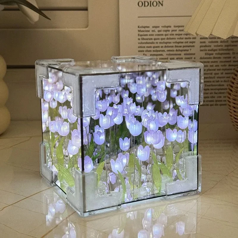 DIY 튤립 꽃 큐브 램프 수제 공예 시뮬레이션 꽃 테이블 램프 튤립 거울 밤 빛 룸 장식 생일 선물