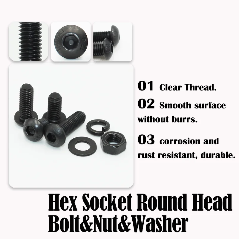 Kit de tornillos de cabeza de botón hexagonal 2510p M2 M2.5 M3 M4 M5 M6 negro 10,9 grado tornillos Allen pernos con arandelas de tuercas ISO7380