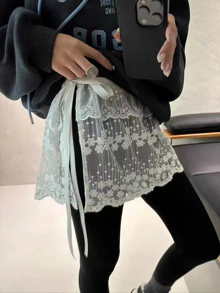 Caldo! Mezza gonna con finiture in pizzo primaverile Gonna a trapezio corta con cintura in pizzo tinta unita versatile da donna Gonna a mezza lunghezza coreana