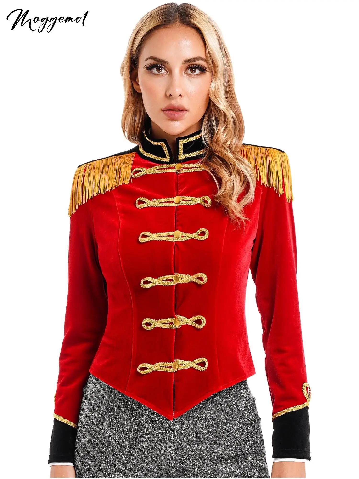Disfraz de circo para mujer, chaqueta de maestro de ceremonias, Festival, manga larga, Disfraz Circo, tablero de hombro con flecos, abrigo de terciopelo para Halloween