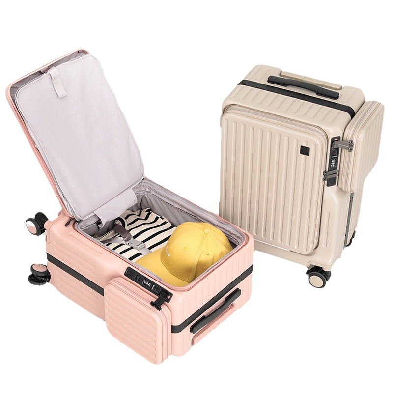 Nova capa frontal de bagagem aberta dupla 20 Polegada mala de viagem com suporte de copo usb multi-função trole mala maleta