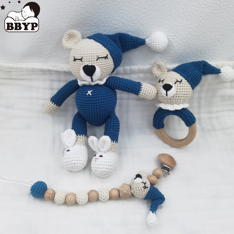 1 セット DIY かぎ針編みクマ赤ちゃんおしゃぶり新生児バニーガラガラおもちゃ木製臼歯歯が生えるリングおしゃぶりクリップチェーンセットベビー用品