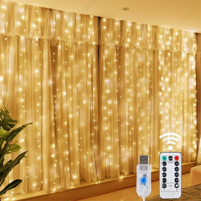 LED ทองแดงลวดม่าน USB พร้อมรีโมทคอนโทรลห้องนอนคริสต์มาสงานแต่งงานไฟตกแต่ง 8 ฟังก์ชั่น Light String