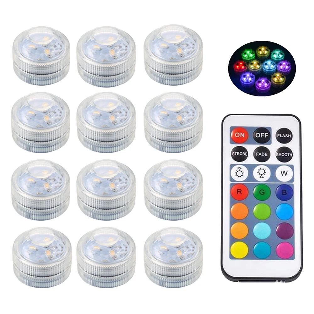 Mini luces Led sumergibles con control remoto, pequeñas velas de té subacuáticas, luces multicolores RGB impermeables, iluminación para jarrón y piscina