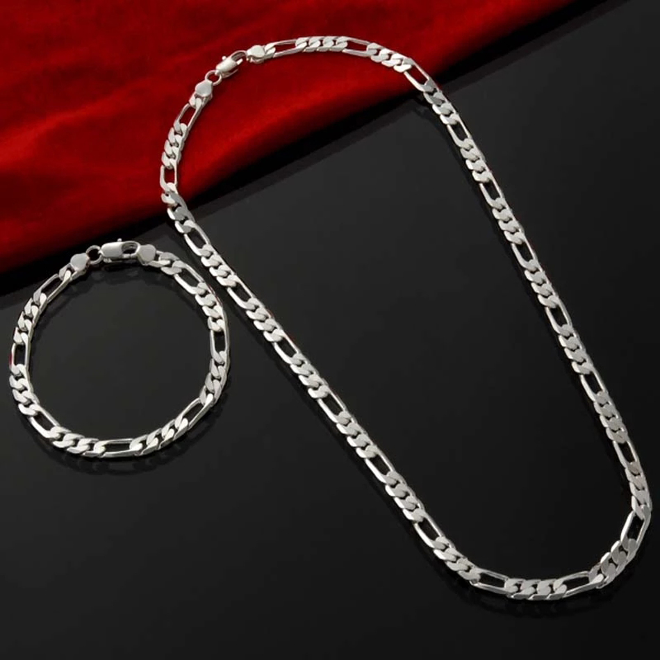 KCRLP Edle Neue 925 Sterling Silber 4 MM Kette für Männer Frauen Armband Halskette Schmuck-Set Dame Weihnachten Geschenke charms Hochzeit