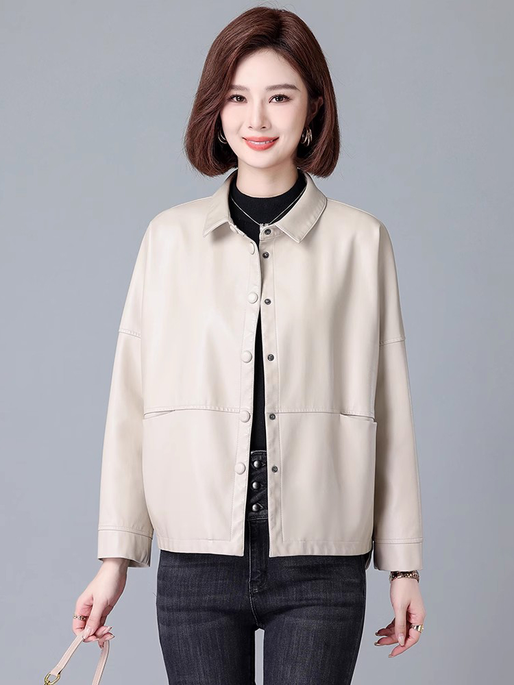 New Women Casual Loose Leather Jacket Spring Autumn Fashion Small Turn-down Collar Single Breasted Short Split Leather Coat
