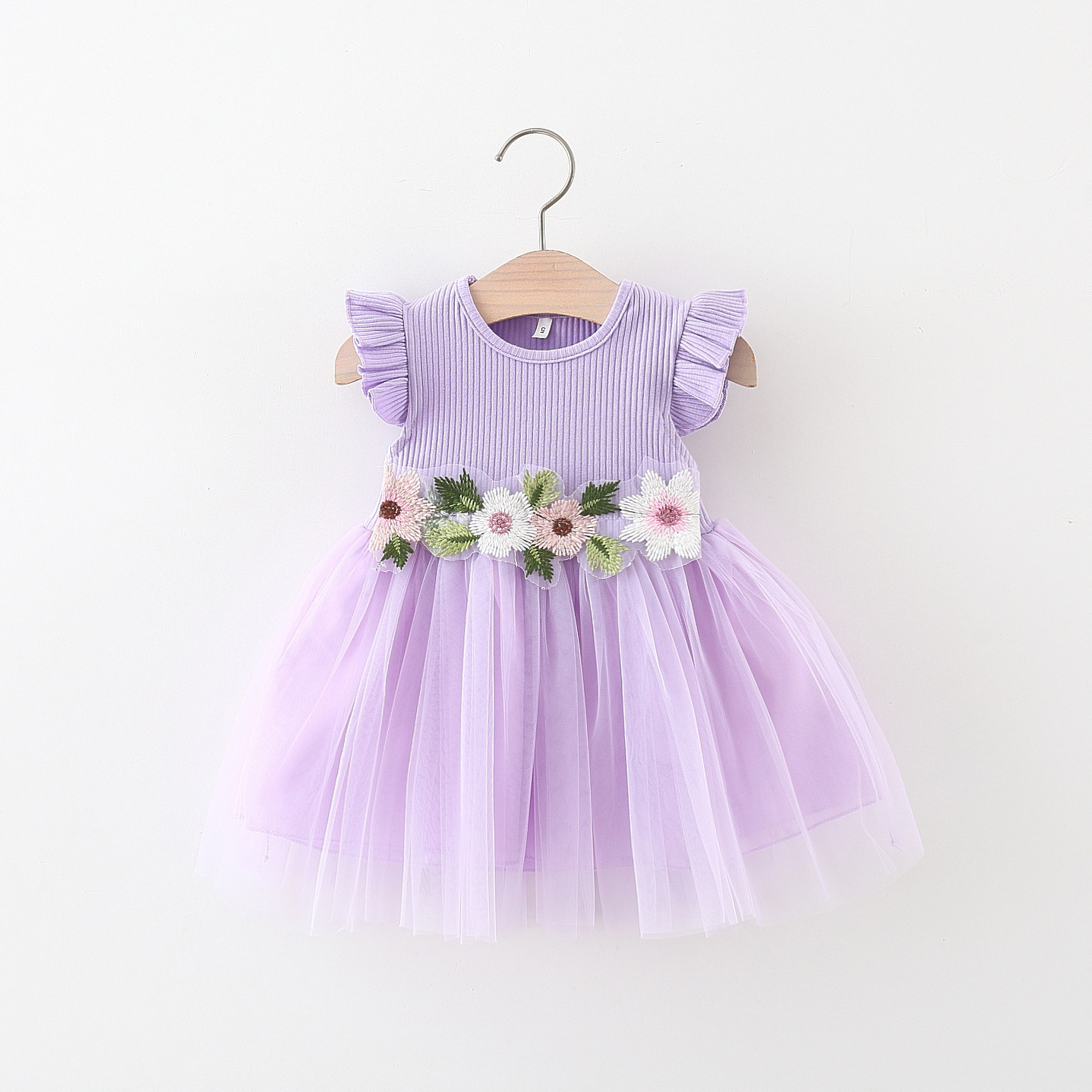 Sommer neue Taille Linie Blume Mesh Garn Rock Mädchen fliegende Ärmel gestrickt Pit Streifen kleinen Rock gespleißt Kleid