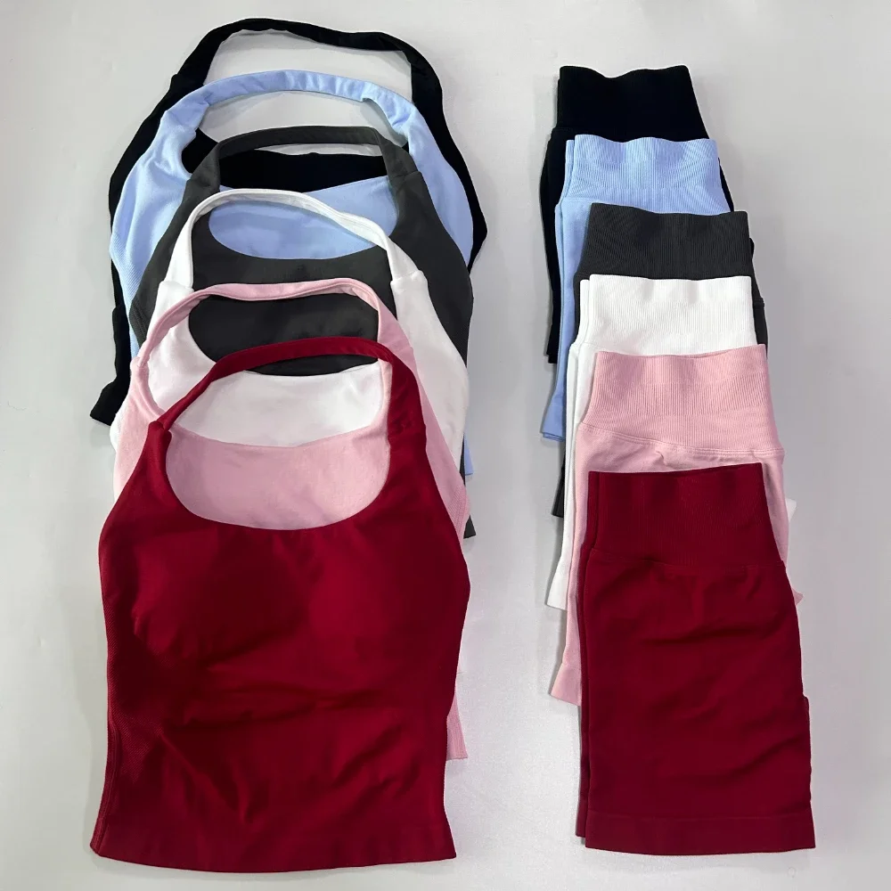 2-teiliges Sport-Set für Damen, rückenfrei, Neckholder-Tops, hohe Taille, nahtlos, hohe Stretch-Shorts, Fitnessstudio, Anzug, Sportbekleidung, Workout-Sets