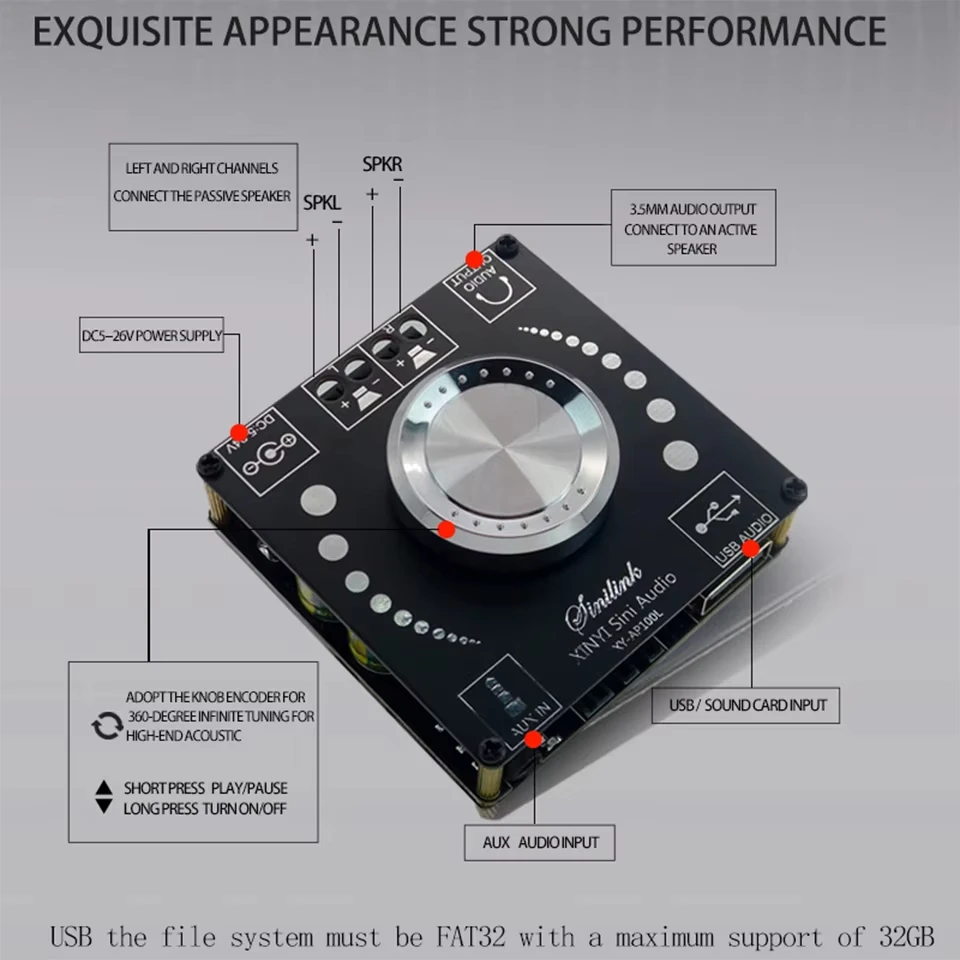 XY-AP100L 2*100W Bluetooth Power Amplifier Board 5.0 Digital AUX 2.0 CH Stereo Home Music Speaker Wireless Module Audio AMP