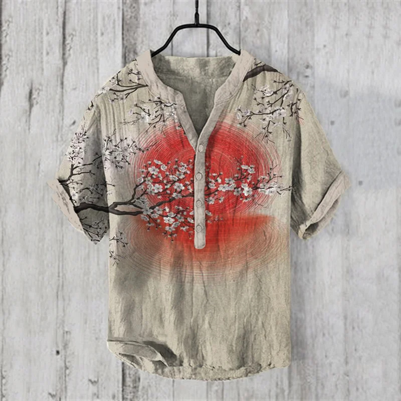 Camiseta Grande de bambú y cáñamo con 3 botones, camisa de manga corta con cuello de pie, transferencia de calor 3D Digital, novedad de verano 2024