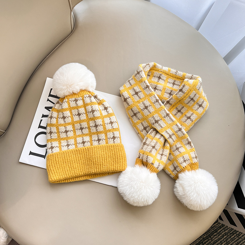 Inverno quente xadrez pompom bebê chapéu e cachecol conjuntos crianças grosso macio malha lenço acessórios crianças gorro meninos e meninas