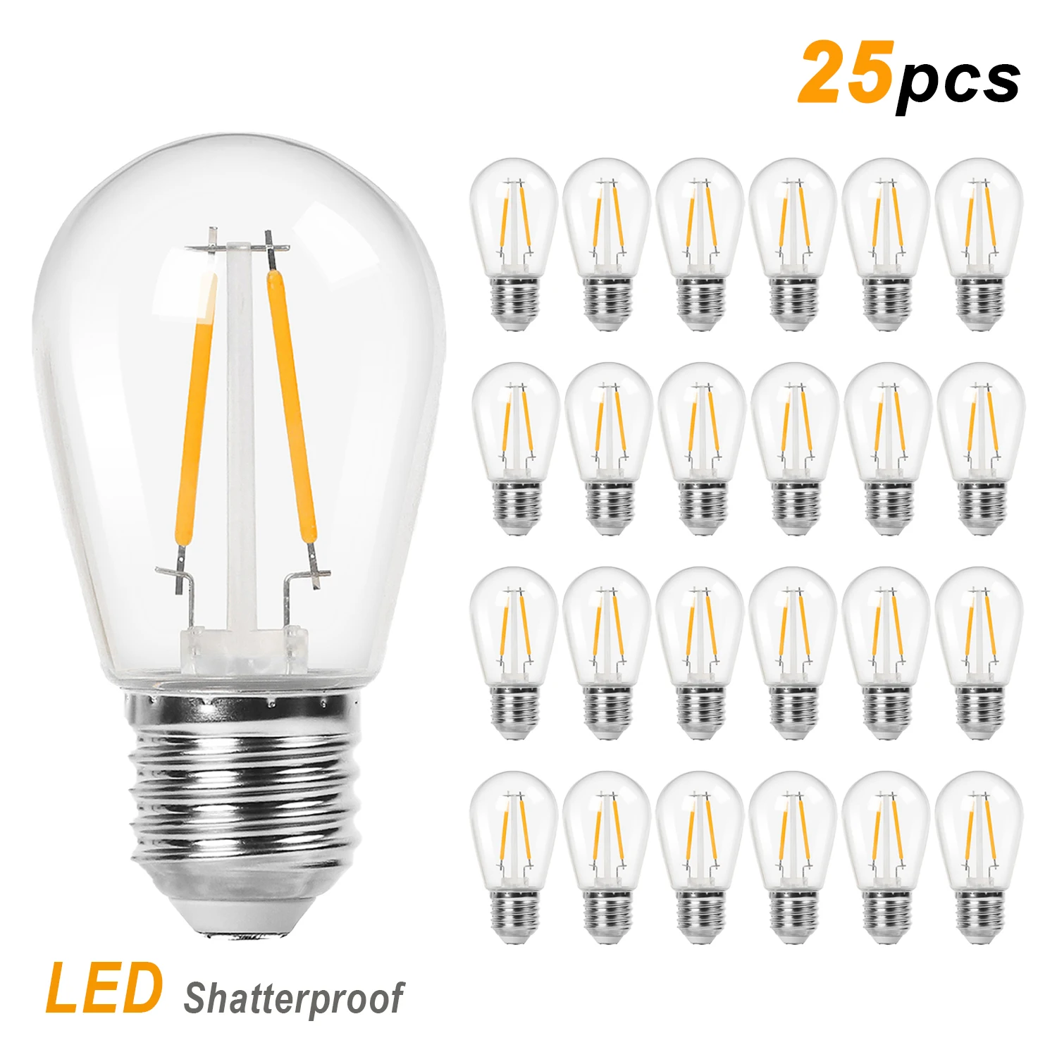 25 uds S14 2W bombillas de filamento LED de plástico Base E27 inastillable cadena de luces para exteriores reemplazar bombilla para boda fiesta jardín
