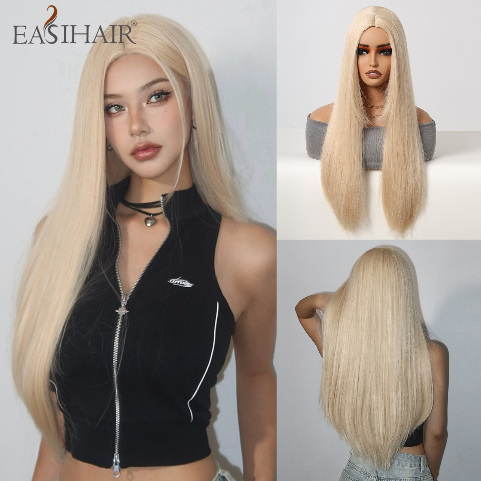 Pelucas sintéticas rubias y doradas, peluca Natural de pelo largo y liso para mujer, pelucas de parte media, pelo falso resistente al calor para fiesta de Cosplay