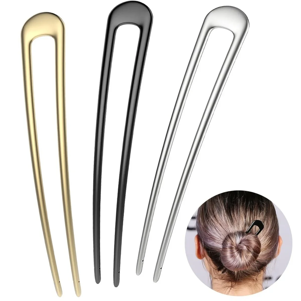 U-förmige Haargabel, elegante goldene silberfarbene Legierung, langes, dickes Haar, Hochsteckfrisur, französischer Haarnadel-Stick, Damen- und Mädchen-Haar-Accessoires