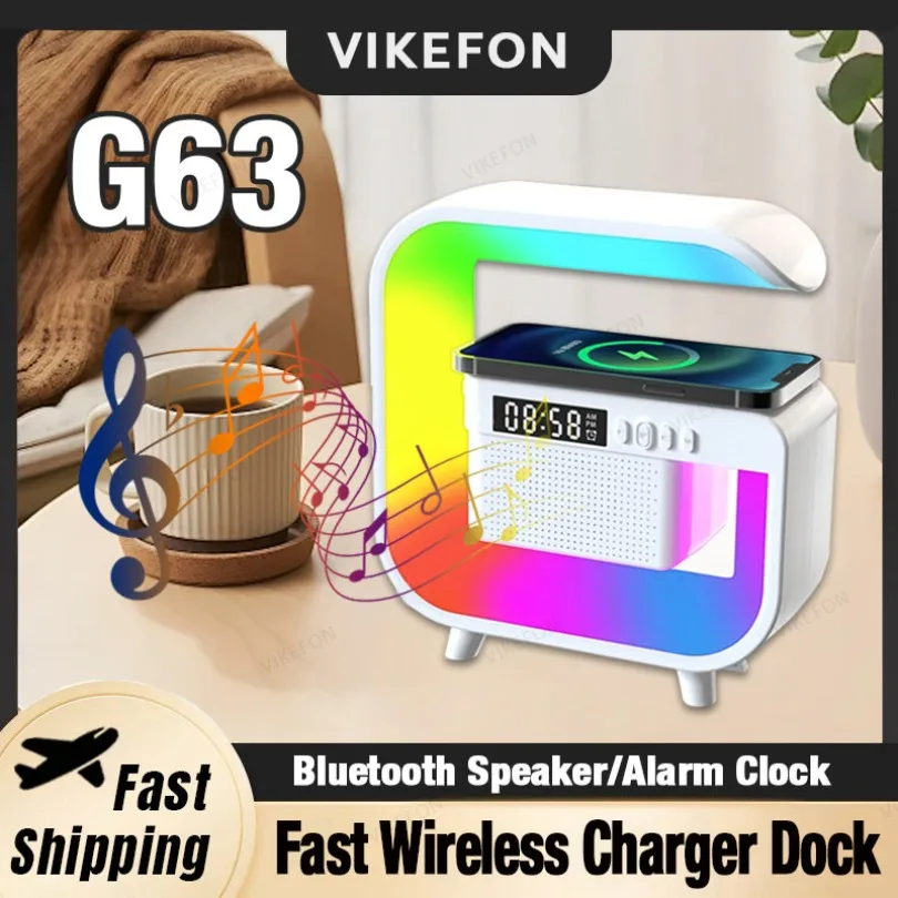 Atmosfera multifunzionale Orologio da tavolo RGB Luce notturna Caricatore wireless Altoparlanti Bluetooth per iPhone Samung Xiaomi Ricarica rapida
