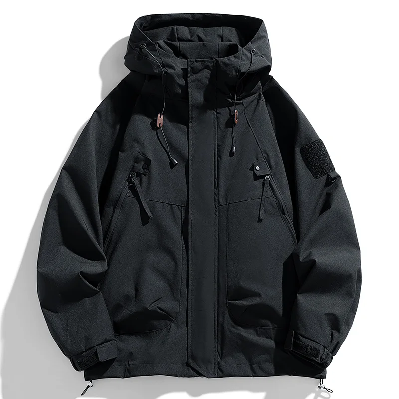 Blusão masculino jaqueta com capuz casaco com zíper carga impermeável preto bombardeiro acampamento solto fino softshell com capuz jaqueta de caminhada