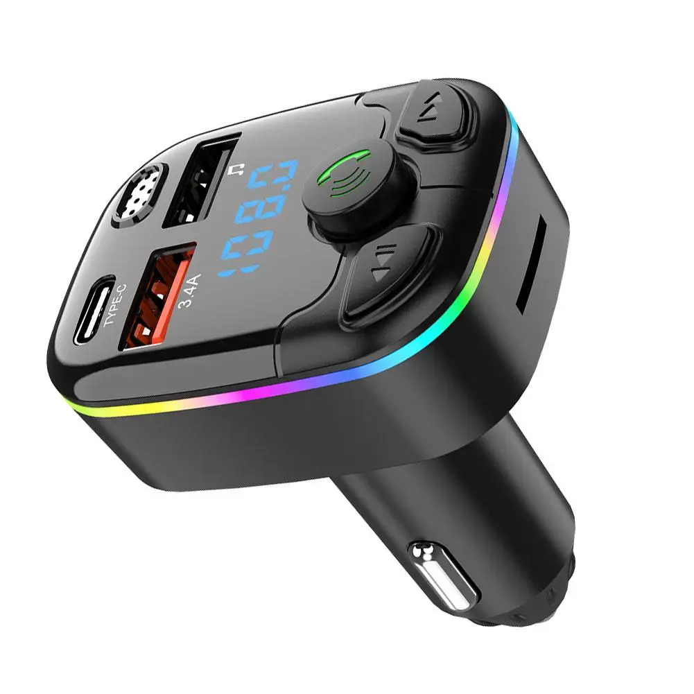 Car Bluetooth 5.0 FM Transmitter Dual USB 3.1A PD Type-C Colorful Ambient Light Car Accessories Player Kit 2024