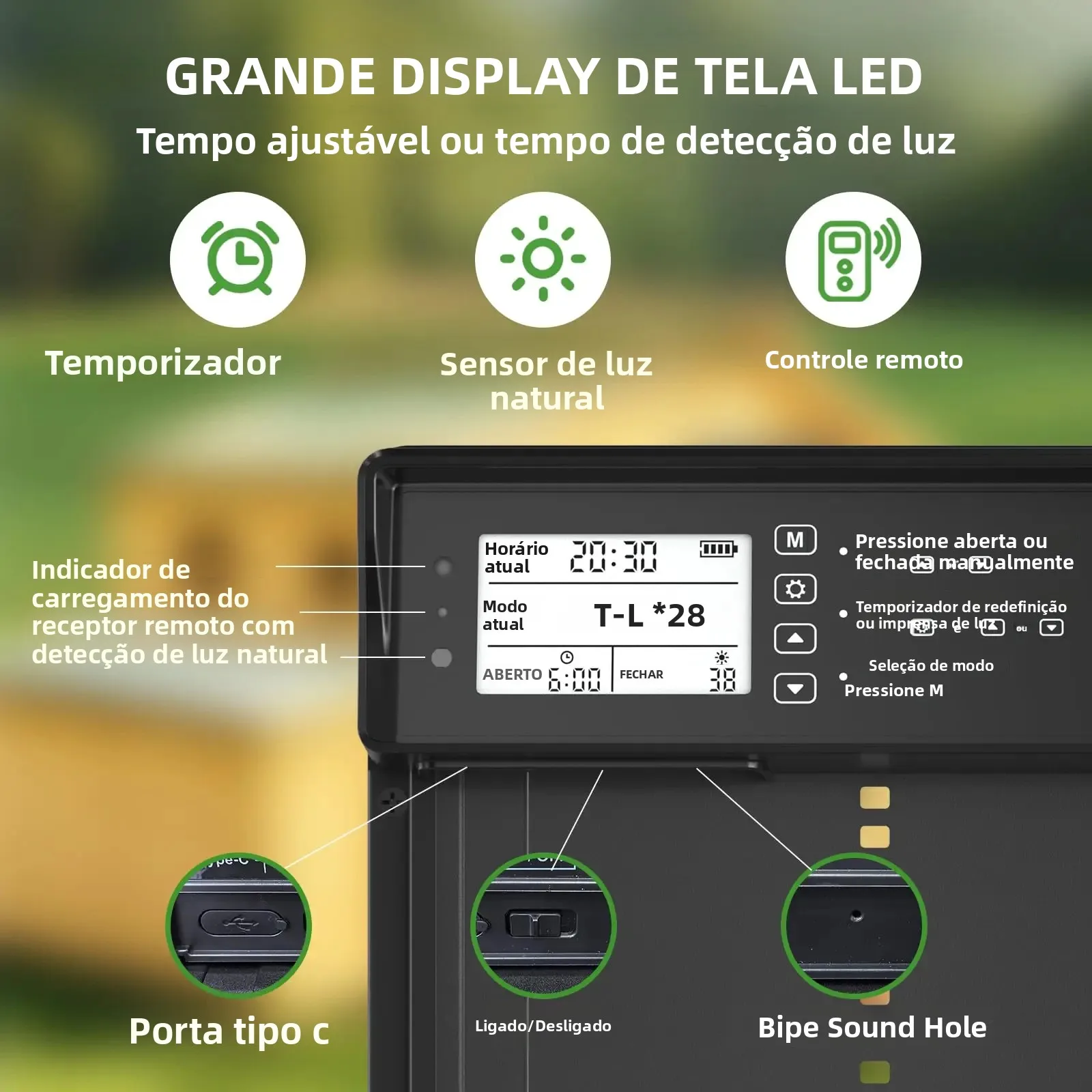 Porta automática de galinheiro movida a energia solar com display LCD, porta automática de galinha com temporizador e sensor de luz - Controle remoto