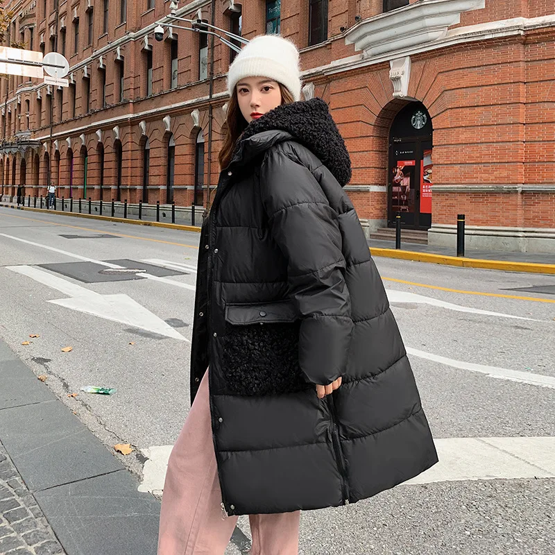 ผู้หญิงHoodedแจ็คเก็ตผ้าฝ้ายฤดูหนาวหนาWarm Lambขนสัตว์Splicingความยาวกลางผ้าฝ้ายเบาะOuterwearสุภาพสตรีหลวมSnowsuit