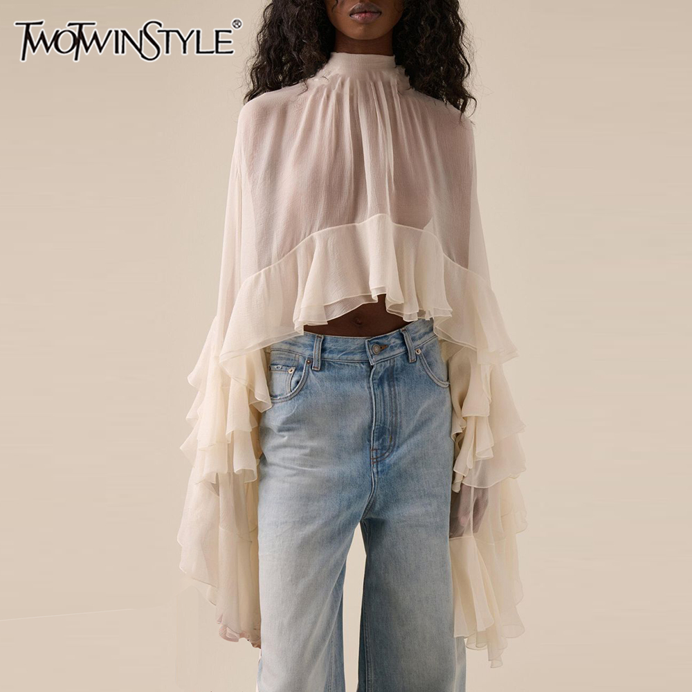 TWOTWINSTYLE однотонные свободные прозрачные блузки для женщин с высоким воротом и длинными рукавами в стиле пэчворк с оборками и складками элегантная блузка женская одежда