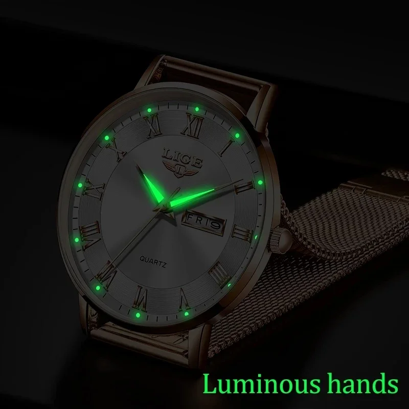 Marca LIGE, reloj de lujo a la moda para mujer, resistente al agua, correa de malla de acero y oro rosa, relojes de pulsera para mujer, relojes de pulsera, reloj femenino