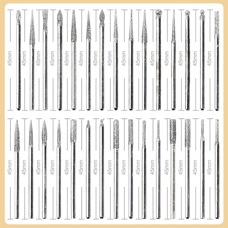 30pcs Shank Diamond Burs Set With Box For Dremel Electric Grinder Power Accessories Abrasive Drill Bit Rotary Tool Set 2.35/3mm