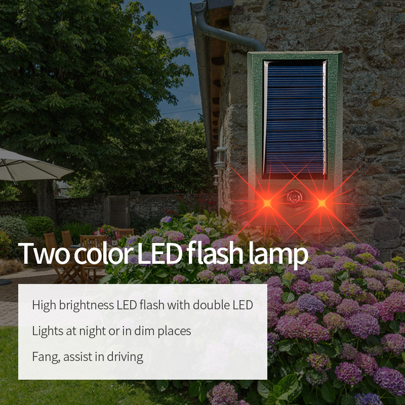 Solar powered ultrasonic rat repellent LED night time red and white explosion flashing bird repellent