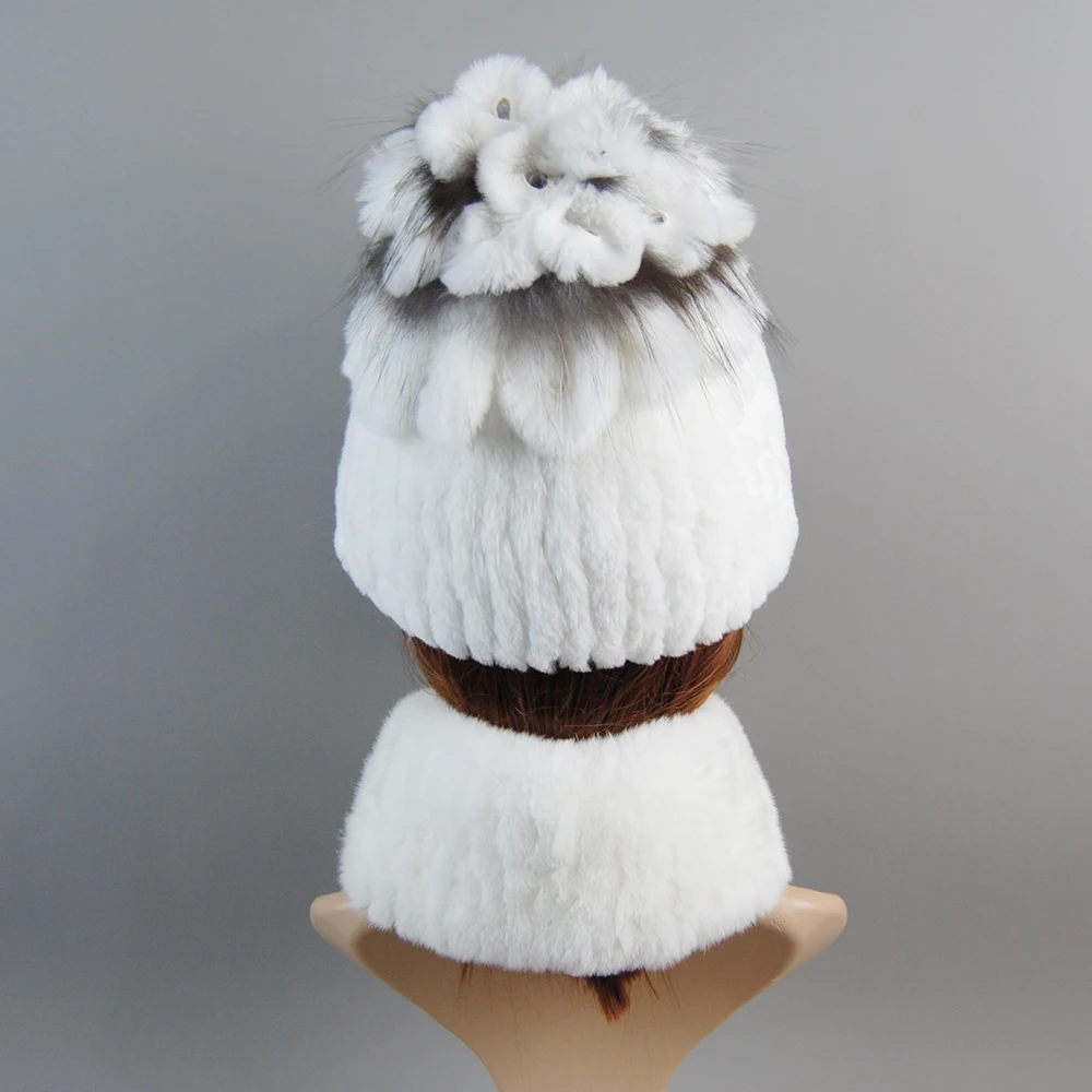 Signore Reale Rex Pelliccia di Coniglio Sciarpa Cappello Set Buon Elastico Inverno Donne Caldo Naturale Rex Pelliccia di Coniglio Silenziatore Cap Sciarpe di Pelliccia Reale Cappelli