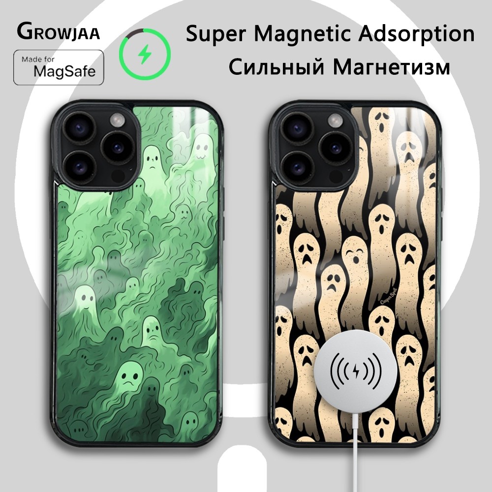 Casing ponsel hijau hantu Magsafe lucu, penutup magnetik nirkabel cermin tahan guncangan Mini untuk iPhone 15 14 13 12 11 Pro Max Plus