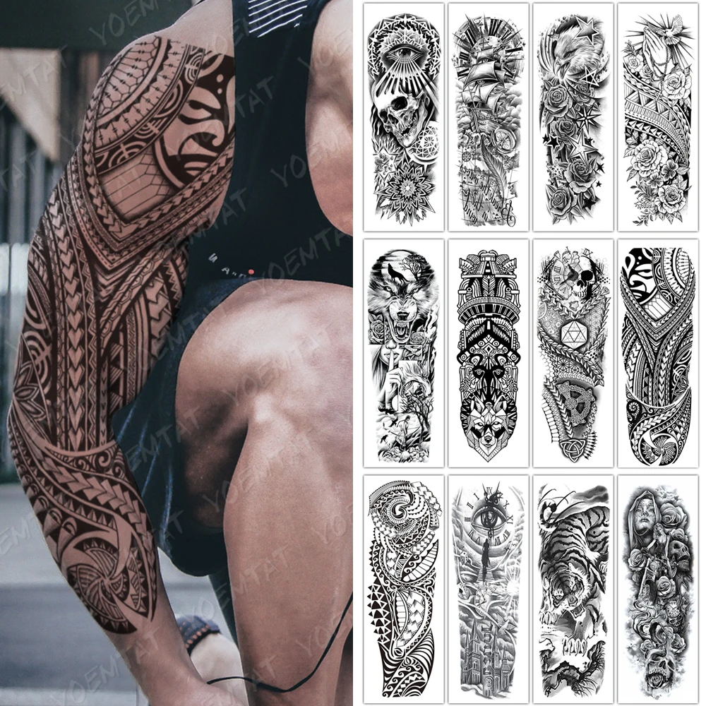 Große volle Armmanschette Tribal Totem wasserdicht temporäre Tattoo Aufkleber Schädel Totem Vogel Wolf Tiger gefälschte Tatoo Körperkunst Männer Frauen