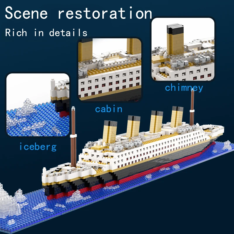อนุภาคขนาดเล็ก Building Block Assembly ของเล่น Titanic Giant Boy สาวปริศนา Cruise เรืออิฐชุดเดสก์ท็อปของขวัญวันเกิดเด็ก