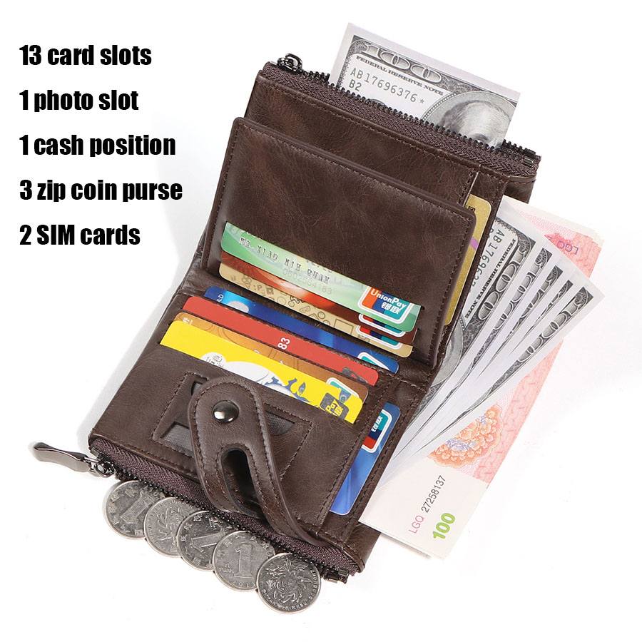 Klassische Retro-Herren-Kettenbrieftasche, RFID-Diebstahlschutz, Herren-Lederbrieftasche, Doppelreißverschluss, Münzgeldbörse, Kreditkartenetui für Herren