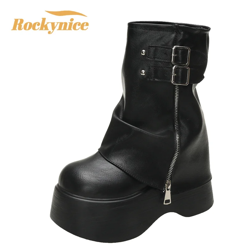 Weiches Leder Knöchel mittlere Wade Stiefel Winter Herbst hohe Plattform Keil britische Stiefeletten Frau neue Damen klobige Motorrads tiefel 9cm