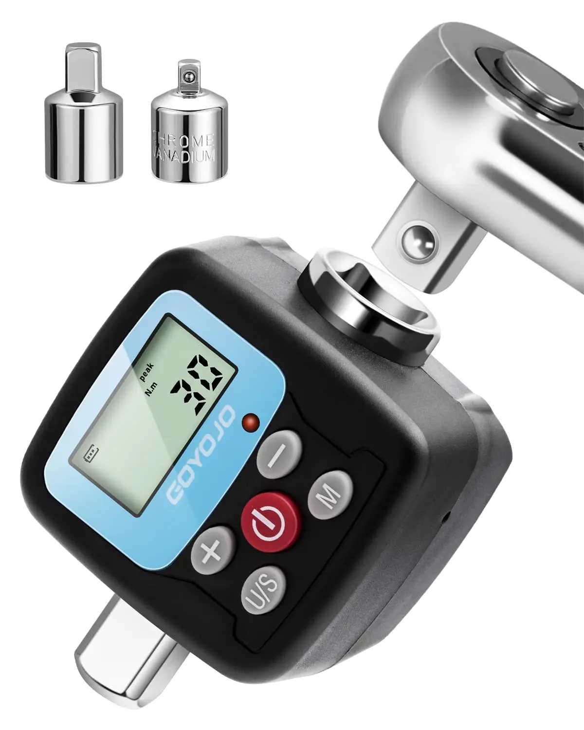 Adaptador de chave de torque digital GOYOJO - Conversor de ferramenta de torque eletrônico de precisão e medidor com display LCD, inclui 1/2", 1/4