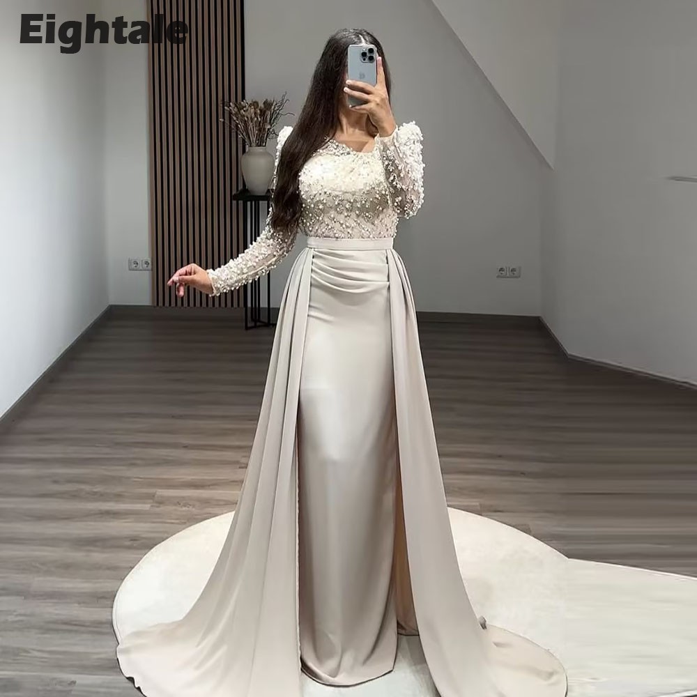 Eightale Arabische avondjurk champagne lange mouwen op maat rekbare satijnen bruiloft feestjurk zeemeermin vestido de noche