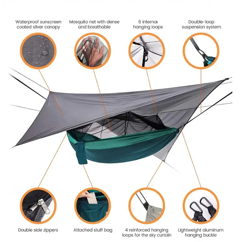 Double Camping Hammock com Mosquiteiro e Rain Fly Tarp, Lightweight Parachute Hammocks para Viagens, Caminhadas, Outdoor, 260x140cm