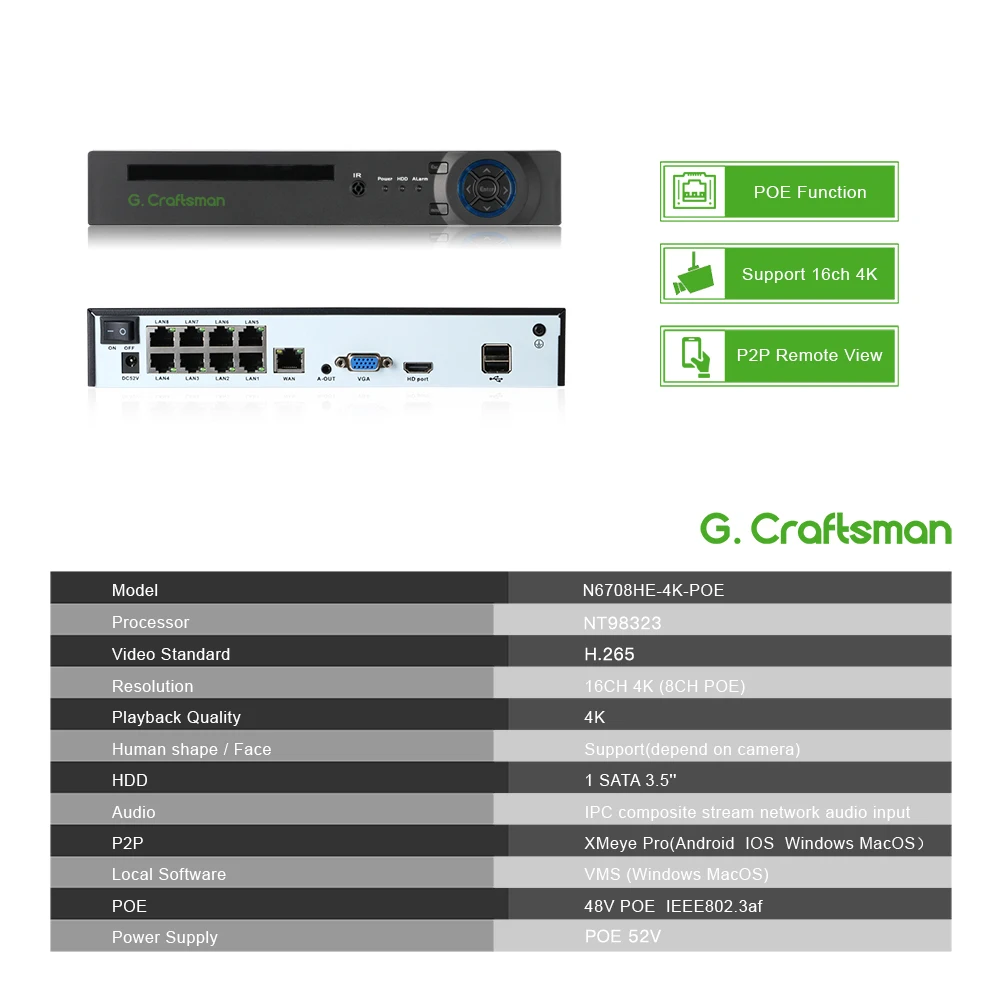 XMeye 4K 8ch POE NVR Поддержка 16-канального сетевого видеорегистратора 4K H.265X Onvif 1 HDD 24/7 Запись IP-камеры Onvif P2P System ICSee