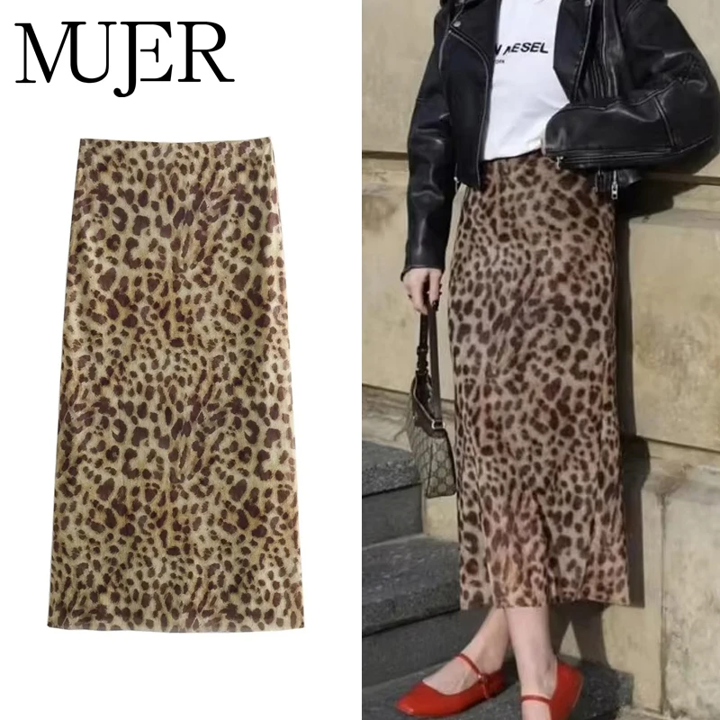 MUJER Falda Midi con estampado de leopardo, faldas largas de tul de cintura alta para mujer, falda de malla Vintage de verano 2025, faldas elegantes para mujer