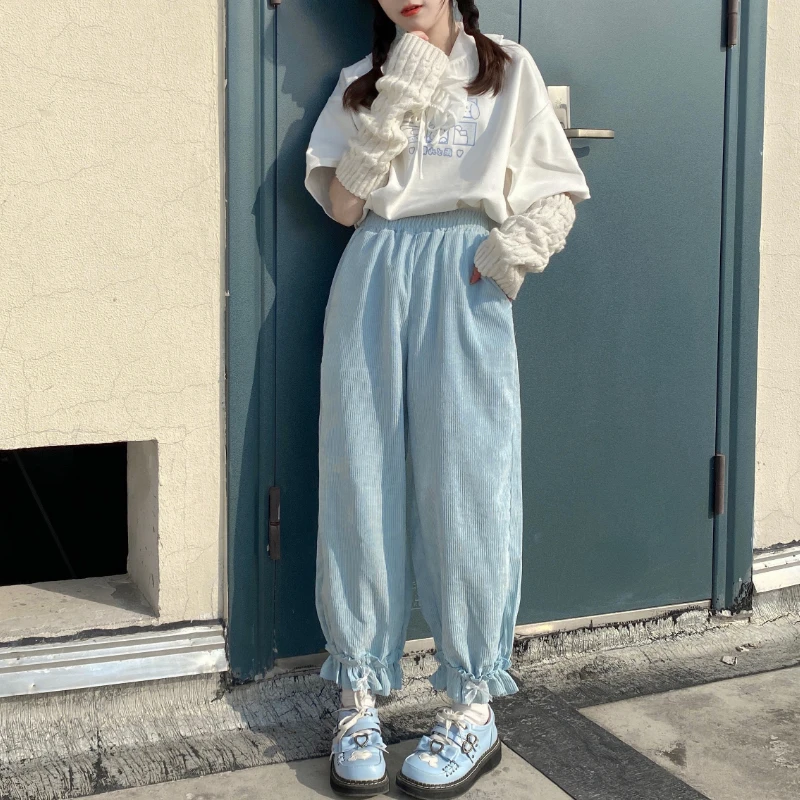 Japanese Lolita Womens Kawaii High Waist Corduroy Pants Sweet Bow Ruffles Wide Leg Sweatpants Girly Clothing Loose Cute Trousers