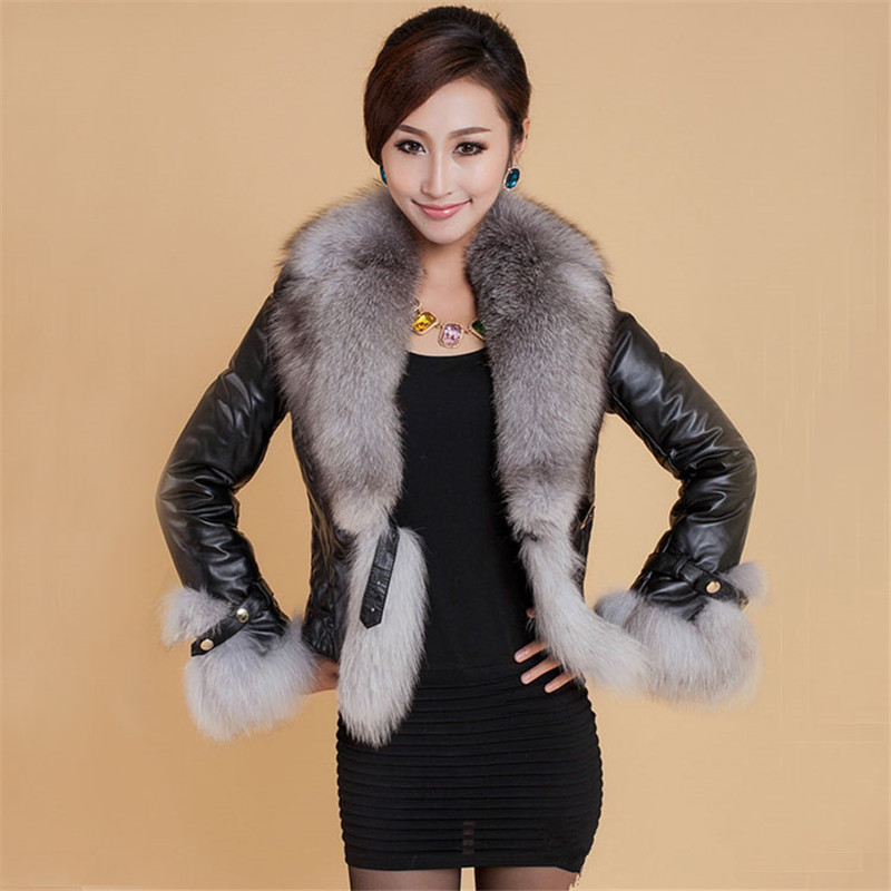 レザージャケットの女性のコートフェイクキツネの毛皮の襟ショートコート Pu レザー新しい冬の女性のジャケットエレガントなオートバイジッパー上着