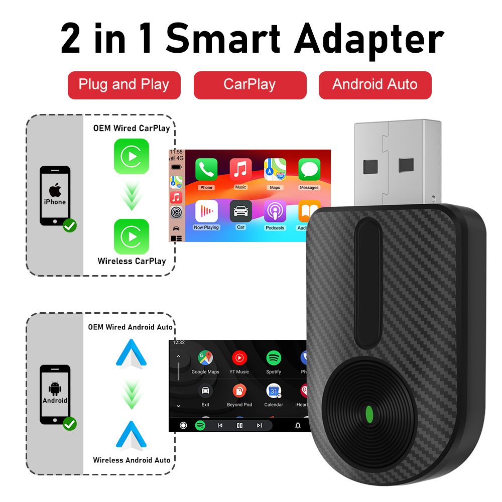 Carplay Android Auto 2 in 1 Wireless Adapter Carplay Adapter for OEM Car Stereo with USB Plug and Play Wired To Wireless Carplay