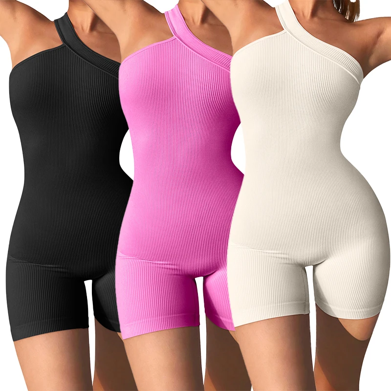 Damen-Yoga-Strampler, einteilig, Bauchkontrolle, nahtlos, gerippt, Overall, eine Schulter, einteilig, modisch, Fitness, Sportbekleidung