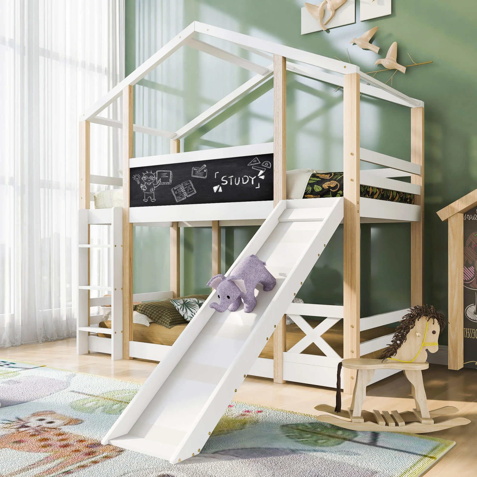 Estrutura de cama Tree House com gaveta, beliche para 2 crianças, estrutura de cama infantil com escorregador e quadro negro, 90x200cm