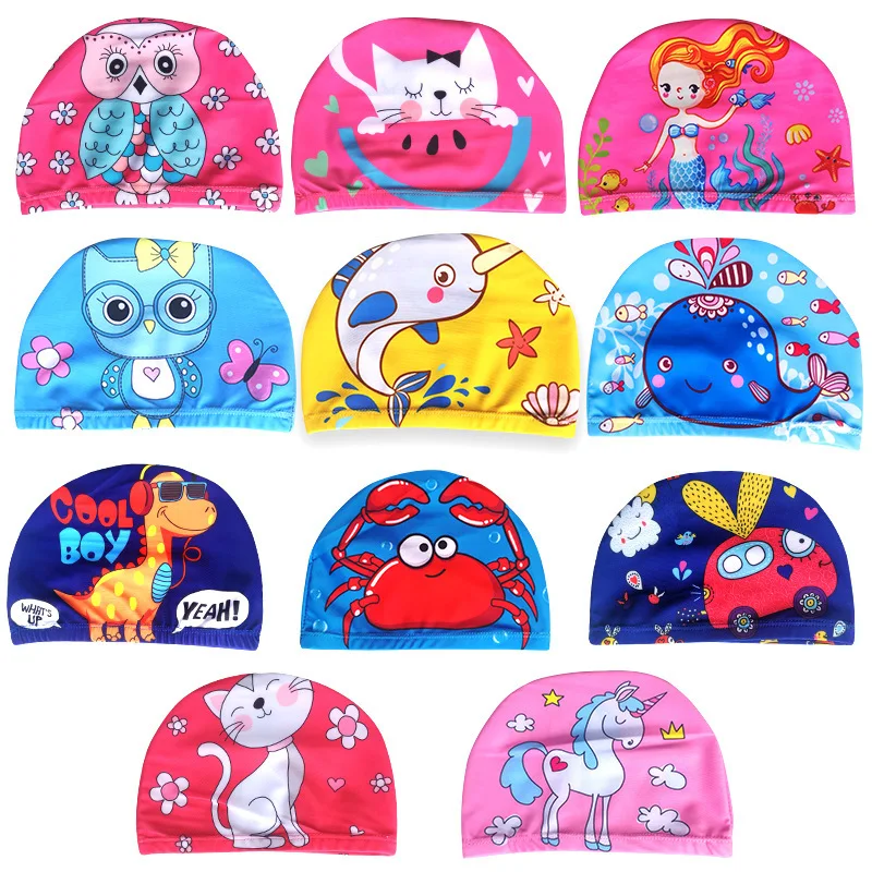 Gorro de baño de tela elástica para niños y niñas, gorro de piscina con dibujos animados para pelo largo, protección de orejas